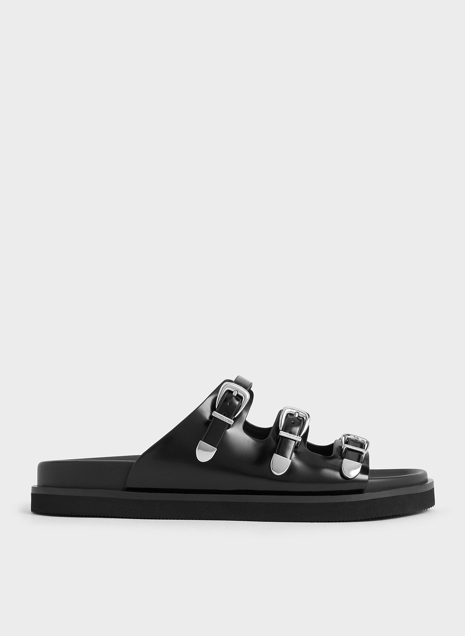 Sandalias de triple correa con hebilla, Negro pulido, hi-res