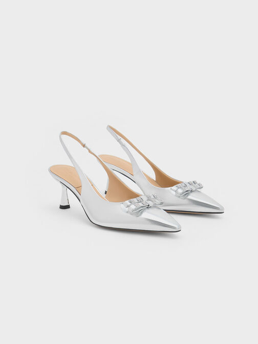 Bow Crystal-Embellished Metallic Leather Slingback Pumps, Silver, hi-res