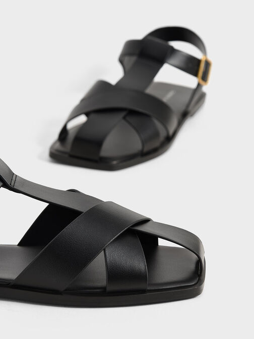 Strappy Crossover Sandals, Black, hi-res