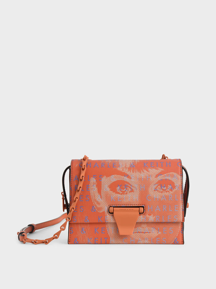 Graphic Printed Push-Lock Bag, Orange, hi-res