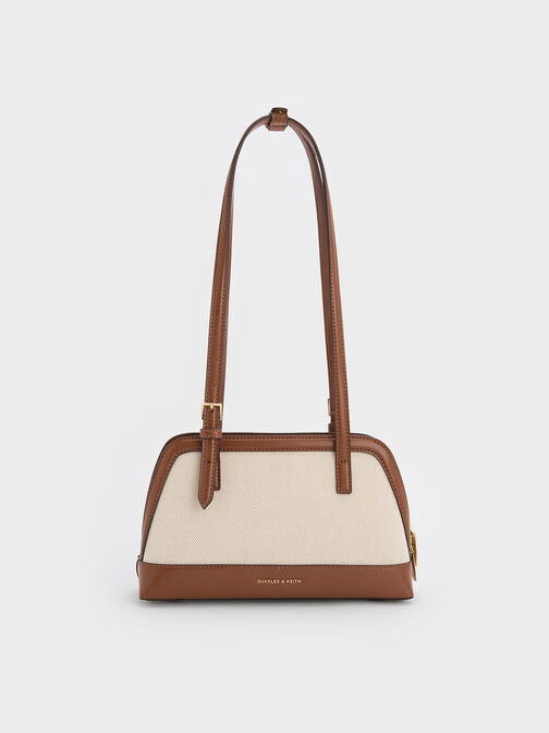Bolso Enola de lona bicolor con asa alargada, Marrón chocolate, hi-res