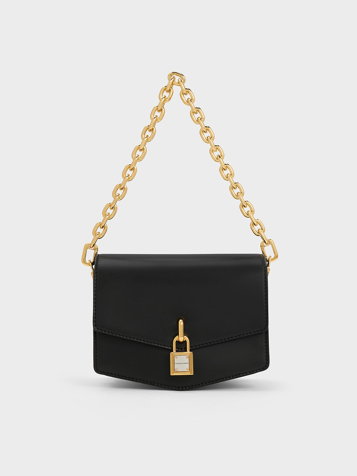 Lock-Motif Geometric Crossbody Bag, Black, hi-res