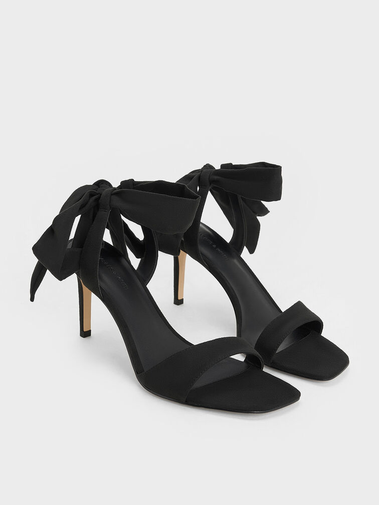 Textured Tie-Around Heeled Sandals, Black Textured, hi-res