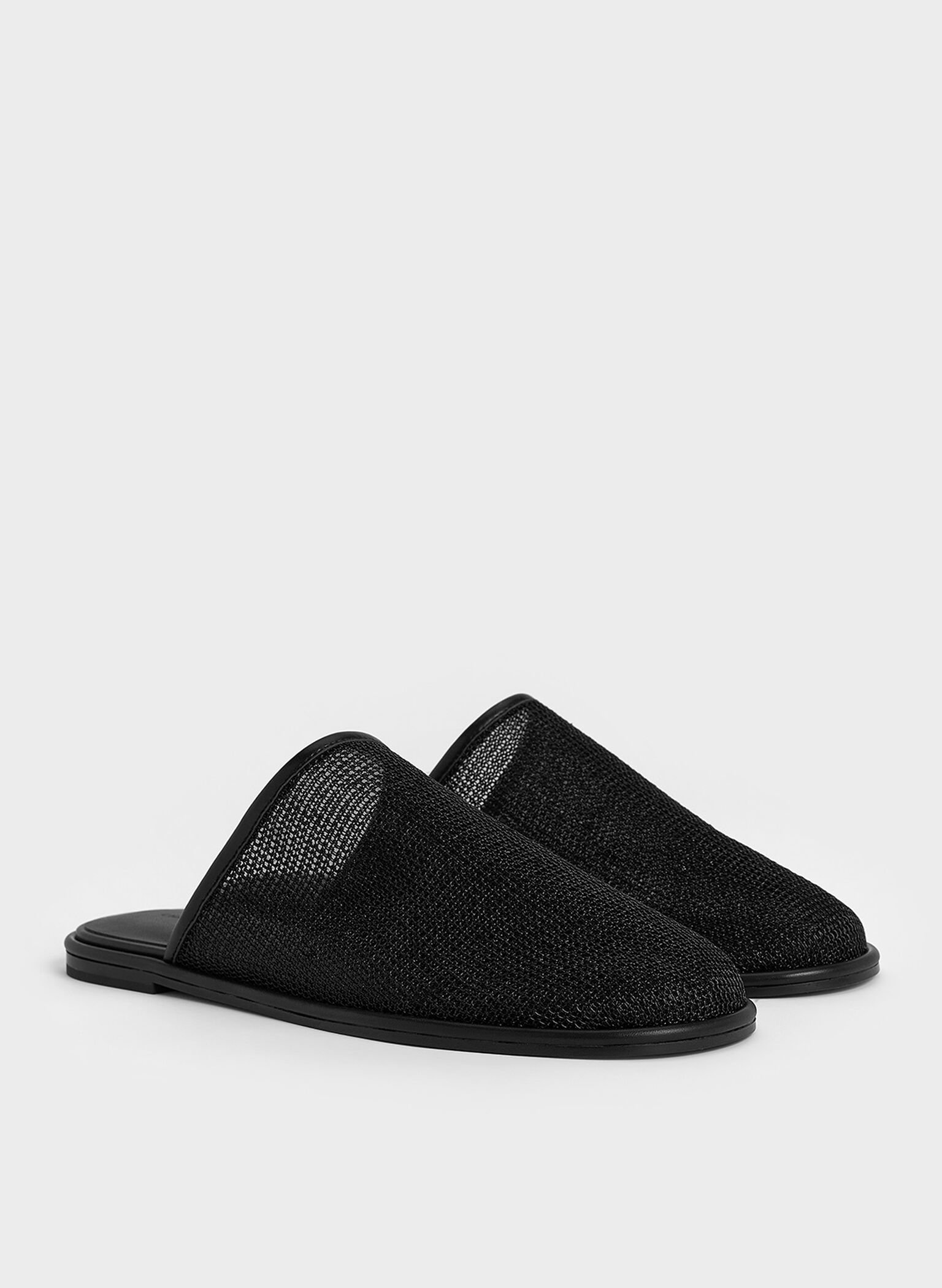 Mesh High-Vamp Flat Mules, Black Textured, hi-res