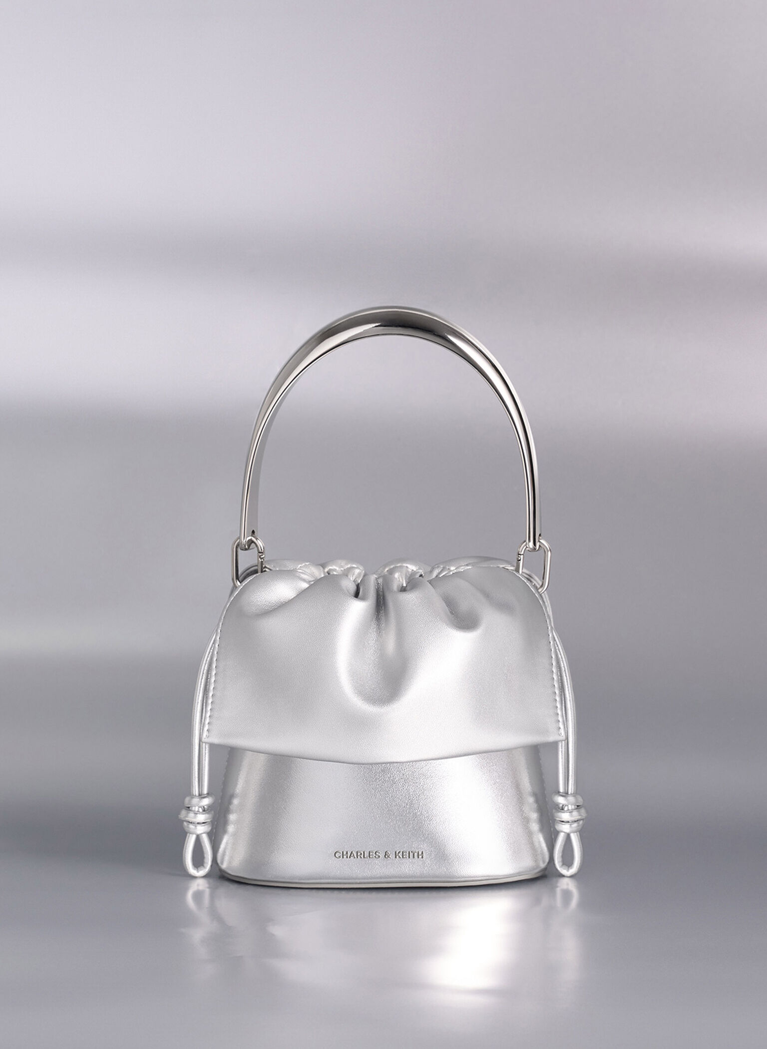Metallic Ruched-Flap Drawstring Bucket Bag, Silver, hi-res