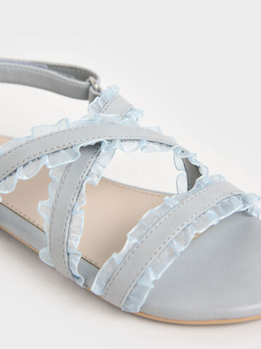 Girls' Frill-Trim Flat Sandals, Light Blue, hi-res