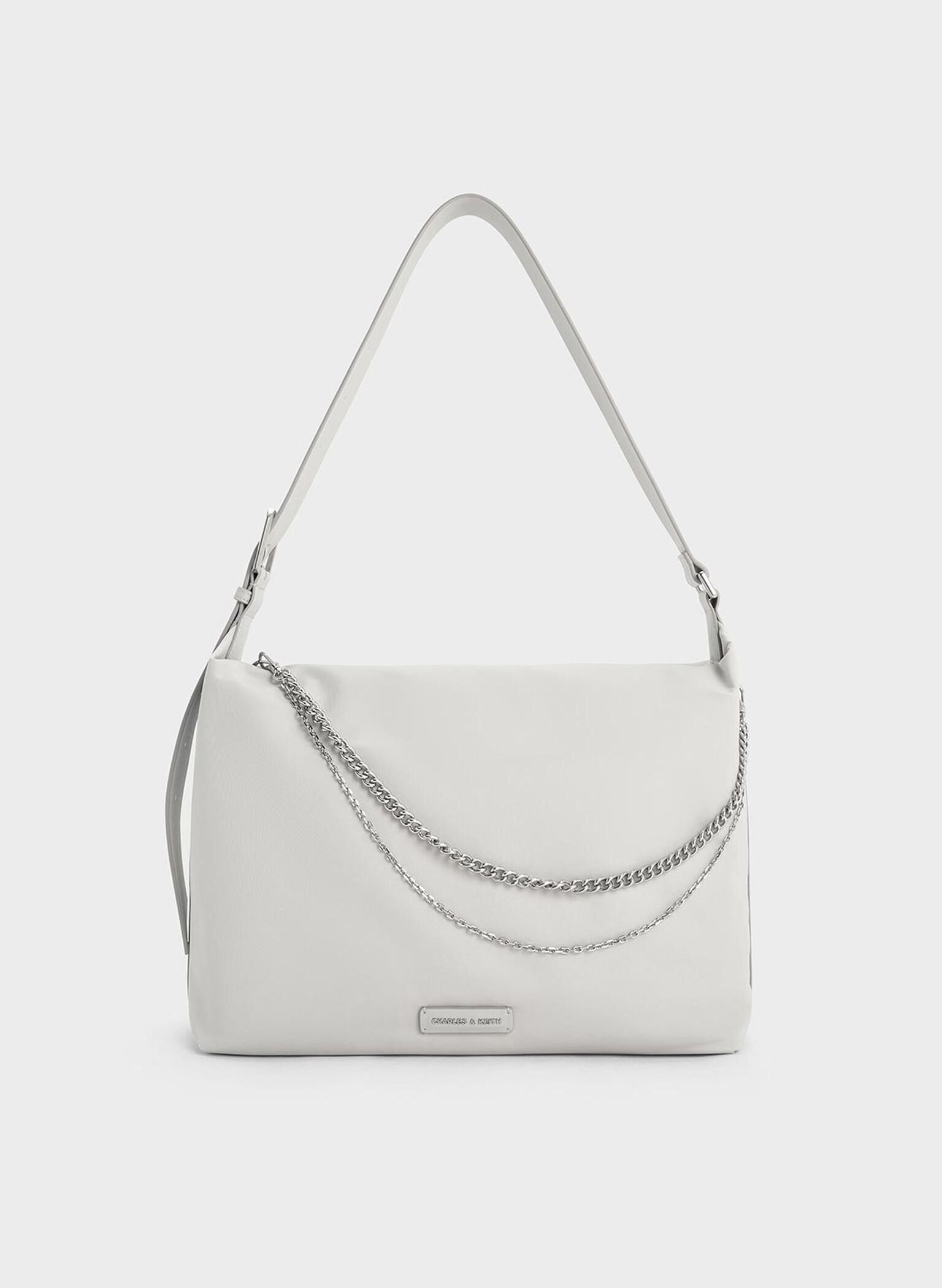 Nylon Chain-Link Slouchy Shoulder Bag, Light Grey, hi-res