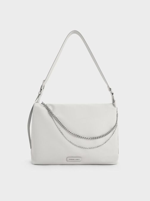 Nylon Chain-Link Slouchy Shoulder Bag, Light Grey, hi-res
