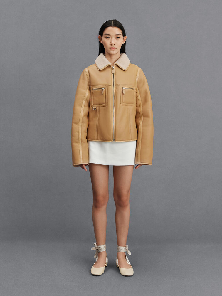 Leather Monogram Tie-Around Ballet Flats, Chalk, hi-res