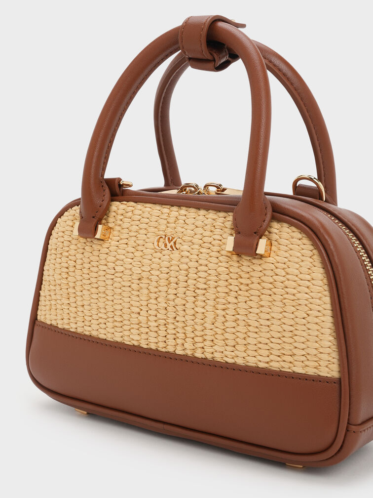Bolso bowling de cuero y rafia, Rafia neutral, hi-res