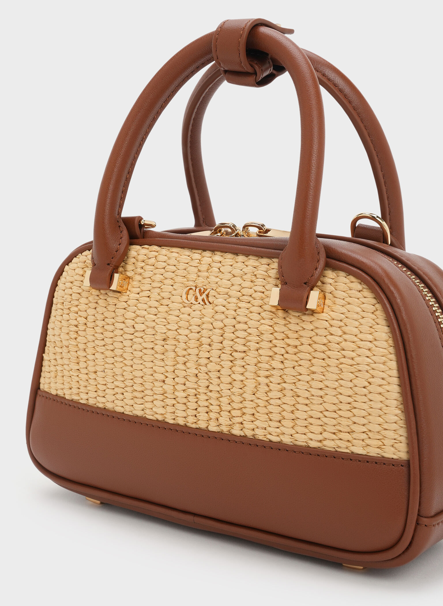 Bolso bowling de cuero y rafia, Rafia neutral, hi-res