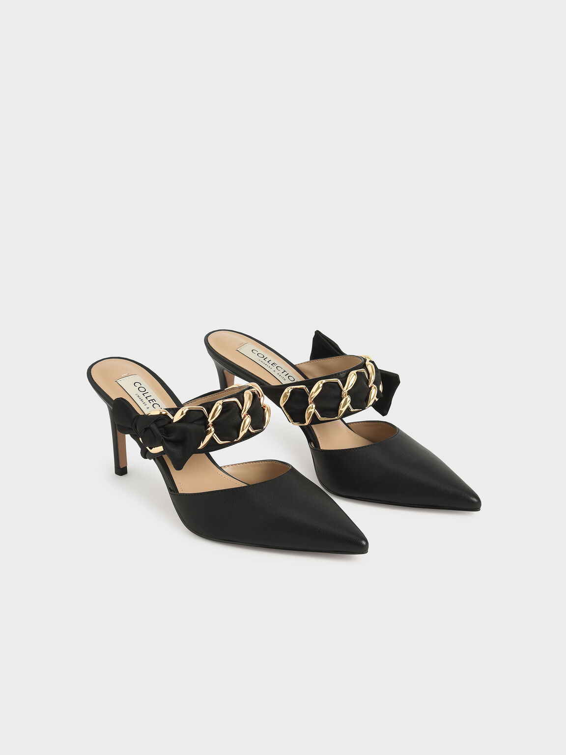 Black Satin Bow Leather Mules - CHARLES & KEITH SG