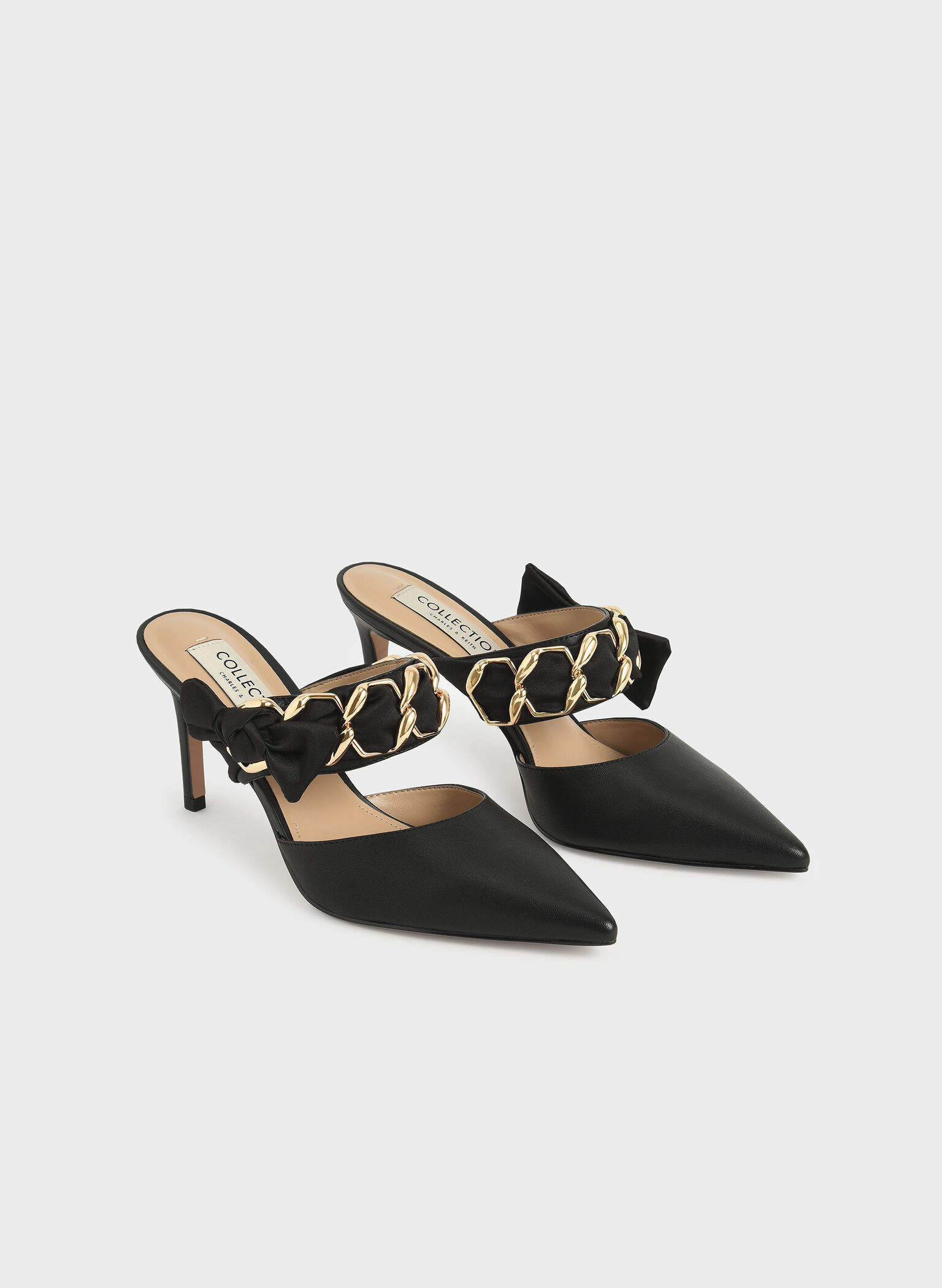 Satin Bow Leather Mules, Black, hi-res