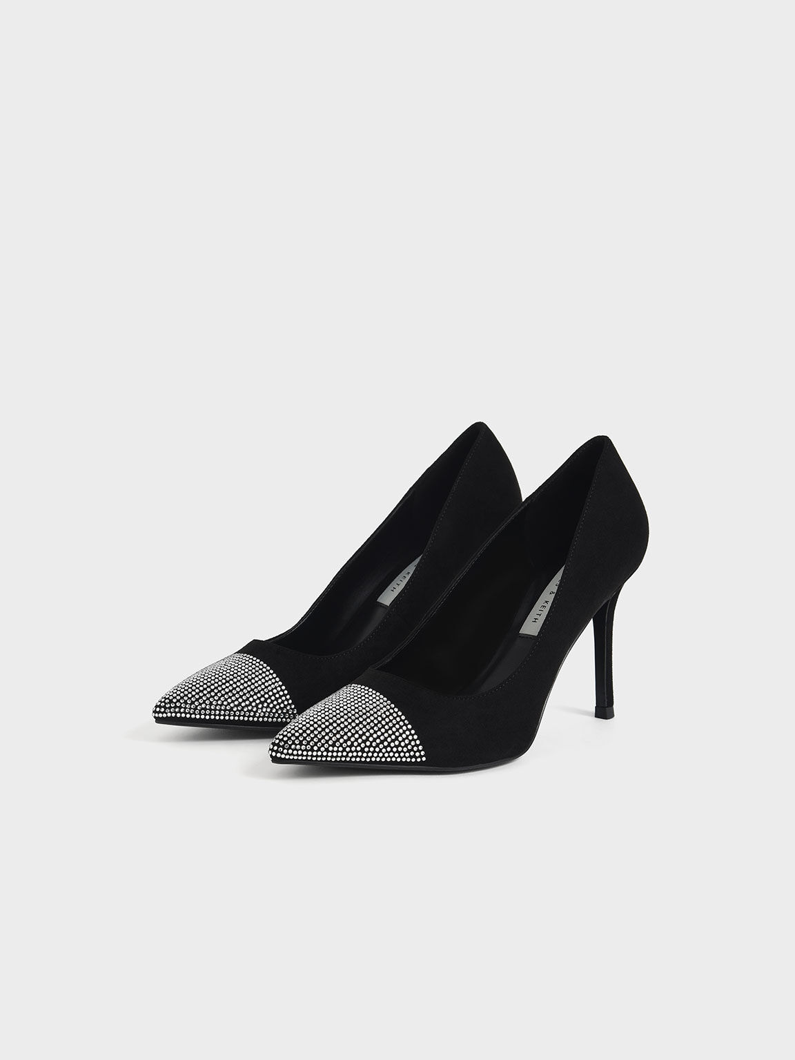 Gem-Embellished Textured Stiletto Pumps, Black, hi-res