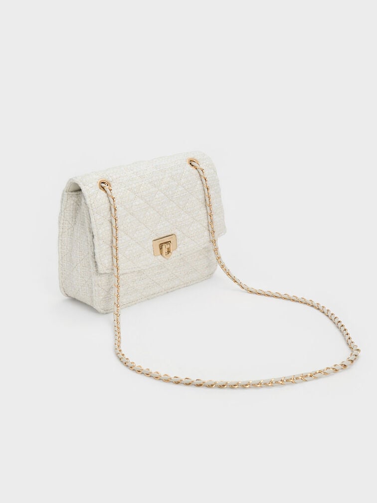 Charles & Keith - Women's Cressida Tweed Chain Strap Bag, Chalk, M