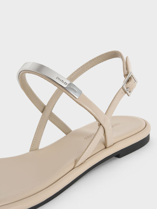Patent Metallic-Accent Toe-Ring Slingback Sandals, Beige, hi-res