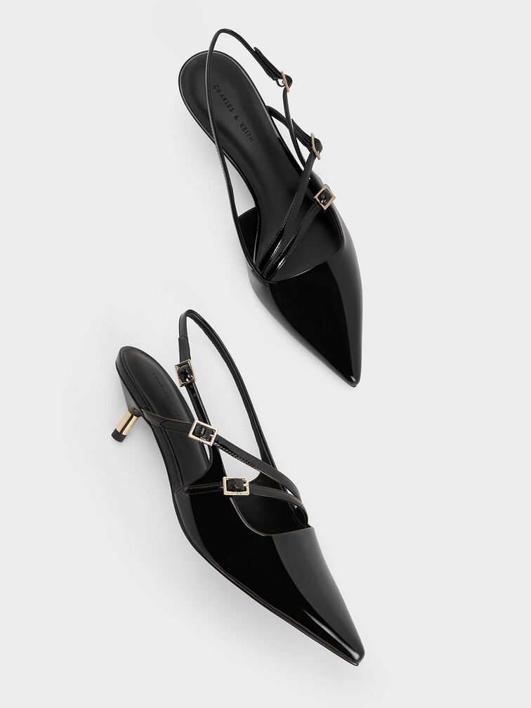 Zapatos destalonados de charol con tacón bajo y hebilla, Charol negro, hi-res