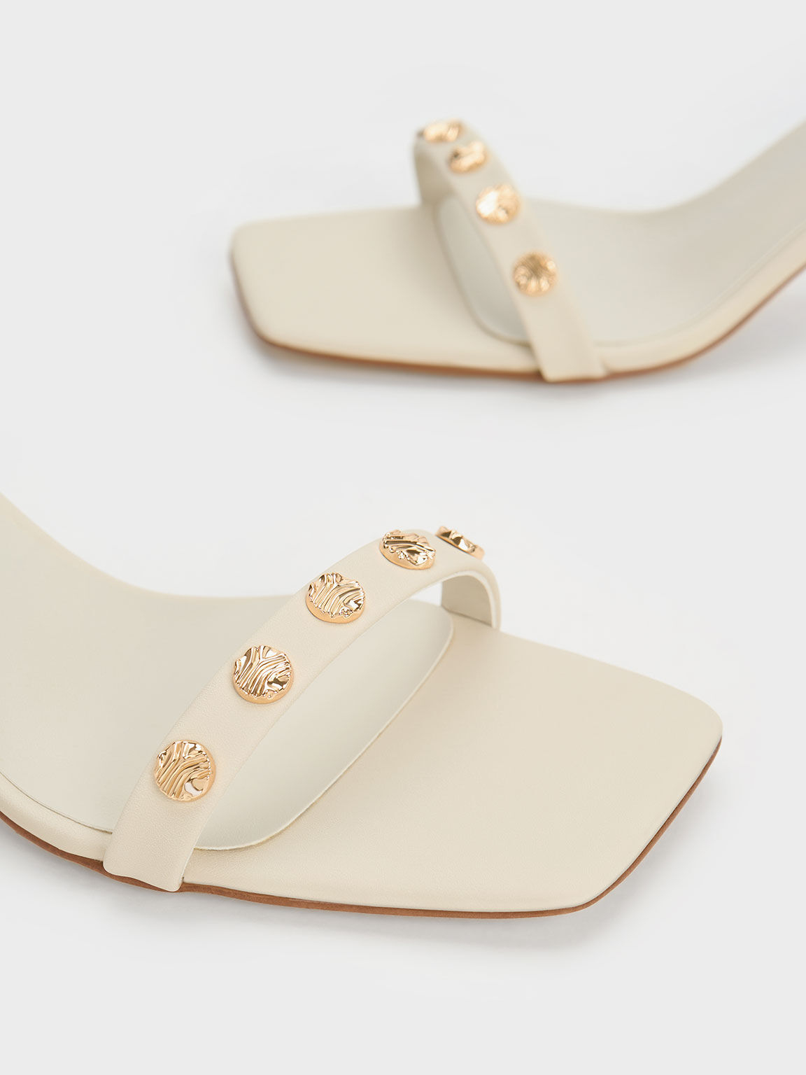 Studded Ankle-Strap Heeled Sandals, Chalk, hi-res