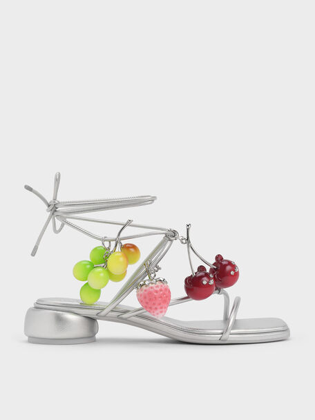 Strappy Tie-Around Sandals & Fruit Charms Set, Silver, hi-res