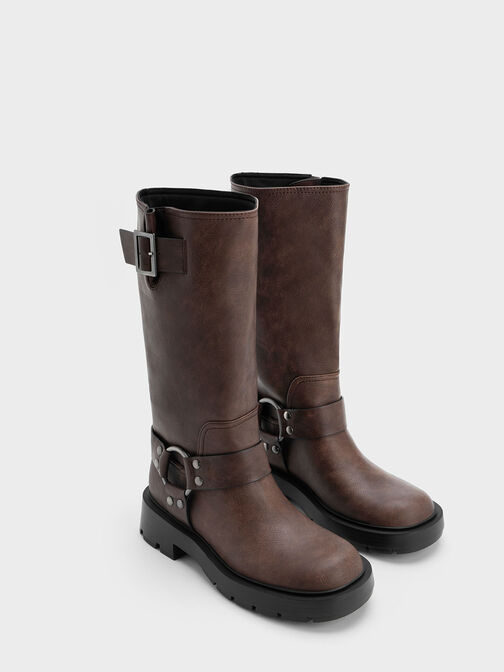 Metallic Buckled Knee-High Boots, Dark Brown, hi-res