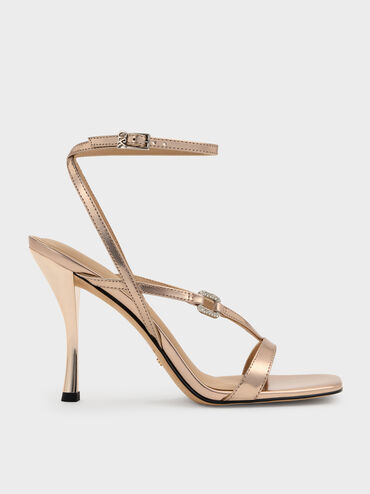Sandalias de piel metalizada con hebilla de cristal, Bronce, hi-res