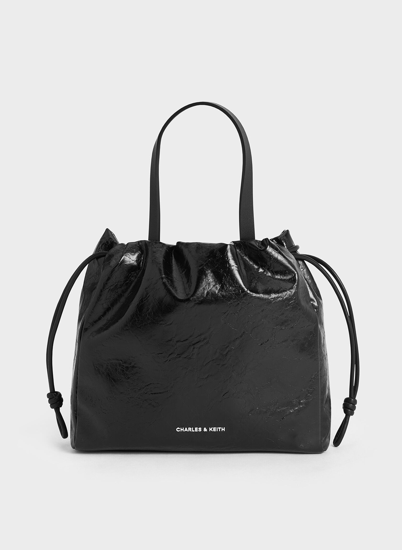 Mini Bethel Crinkle-Effect Ruched Drawstring Tote Bag, Black, hi-res