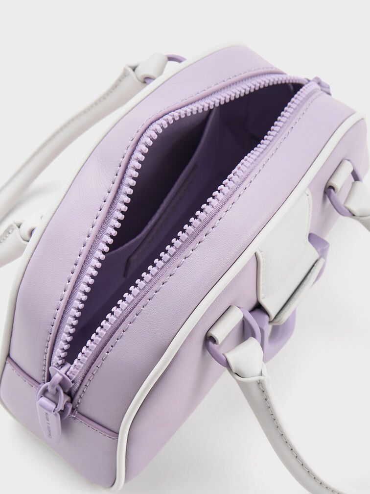 Gabine Two-Tone Leather Bowling Bag, Lilac, hi-res