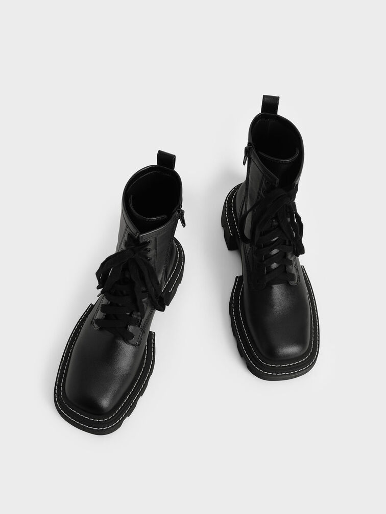 Lace-Up Chunky Ankle Boots, Black, hi-res