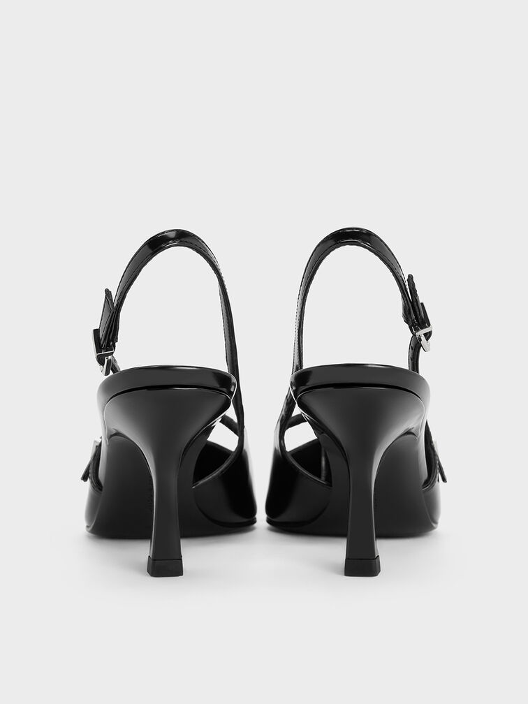 T-Bar Pointed-Toe Slingback Pumps, Negro pulido, hi-res