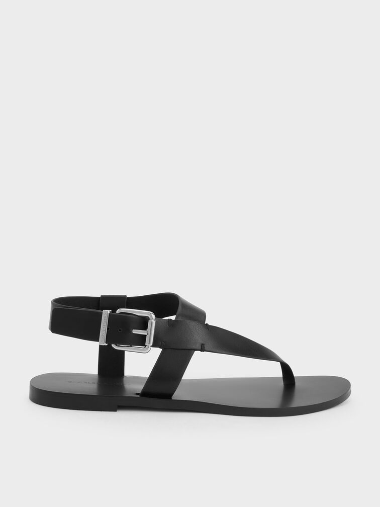 Asymmetric Slingback Thong Sandals, Black, hi-res