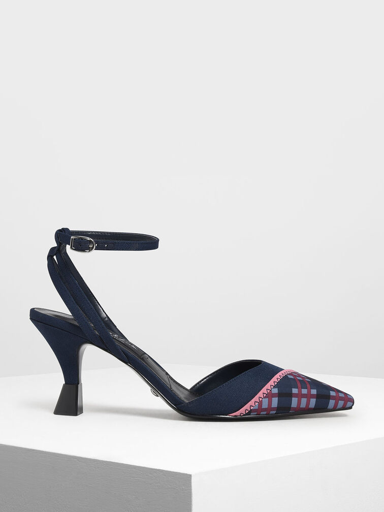 Chequered Nylon Ankle Strap Pumps, Blue, hi-res