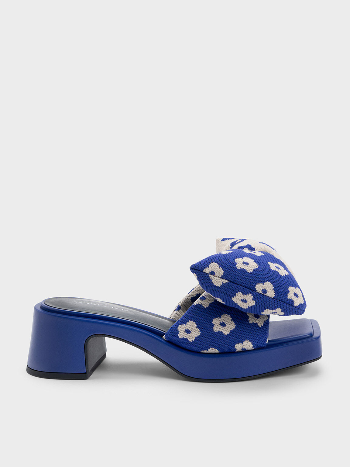 Floral Puffy Bow Heeled Mules, Blue, hi-res