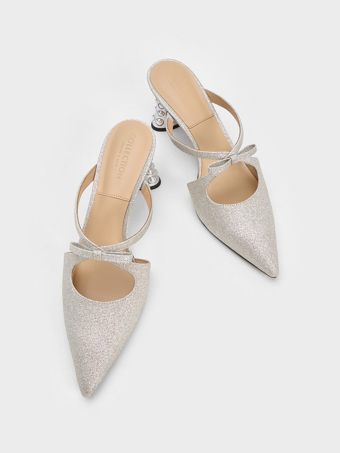 Beaded Heel Glittered Bow Mules, Silver, hi-res