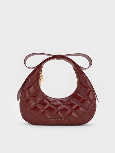 Janie Quilted Bow-Handle Crescent Bag, Burgundy, hi-res