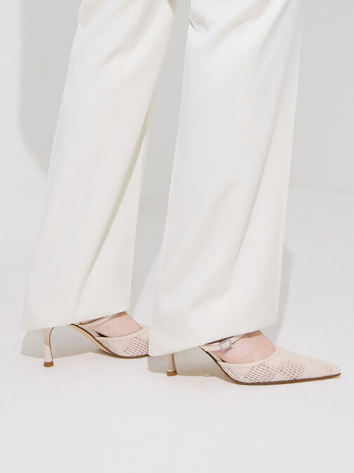 Mesh Woven Heeled Mules, Cream, hi-res