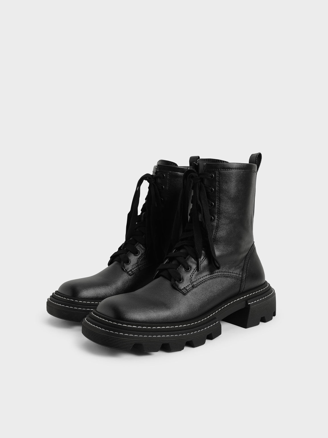 Lace-Up Chunky Ankle Boots, Black, hi-res