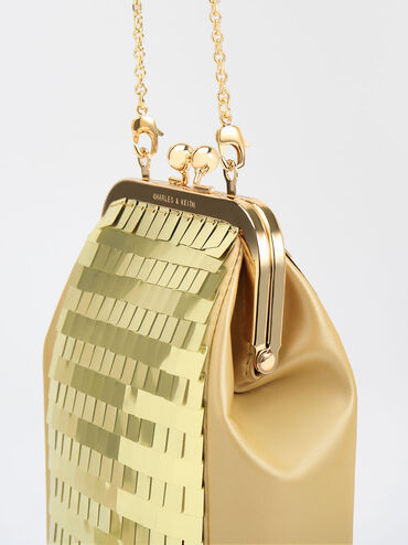 Disc-Embellished Chain Handle Pouch, Gold, hi-res