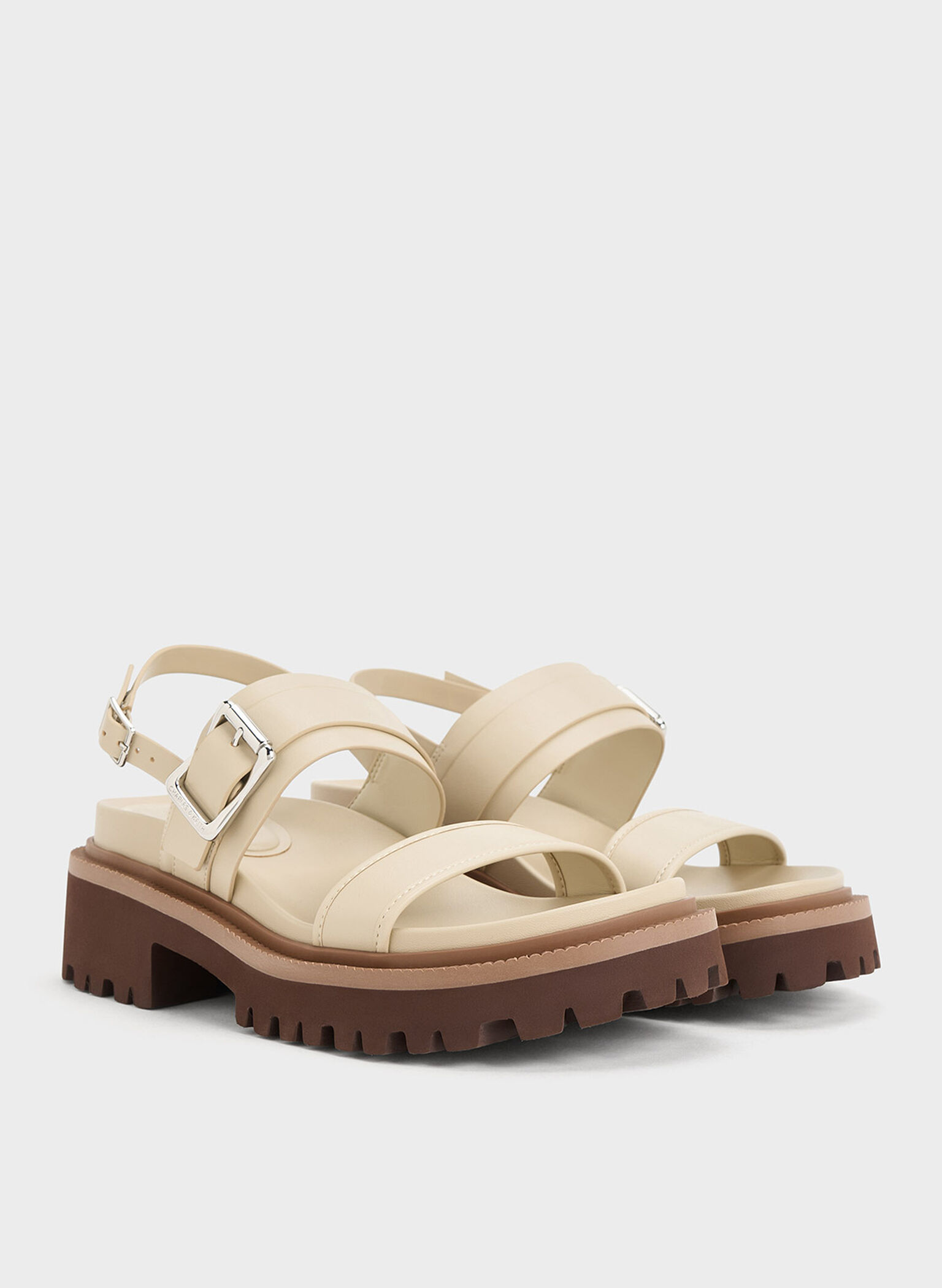 Buckled Platform Slingback Sandals, Taupe, hi-res