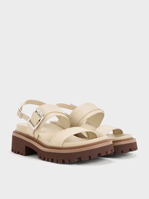 Buckled Platform Slingback Sandals, Taupe, hi-res