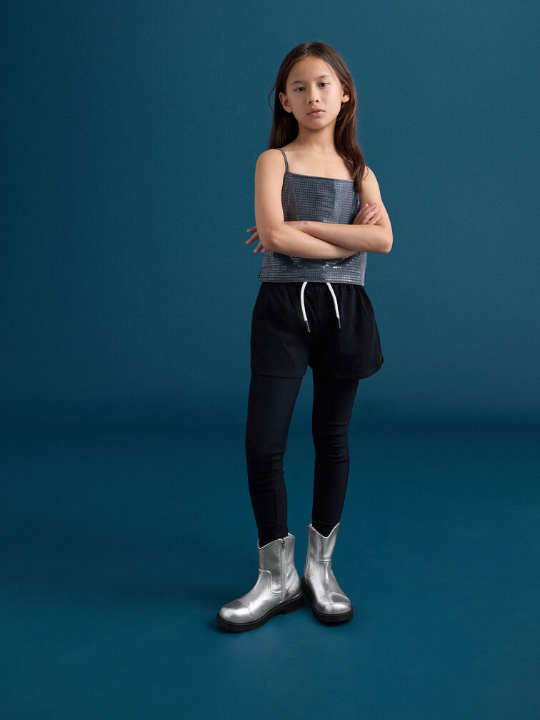 Girls' Metallic Stitch-Trim Ankle Boots, Silver, hi-res