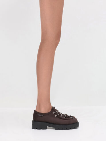 Faux Suede Patterned-Lace Derbys, Dark Brown Textured, hi-res