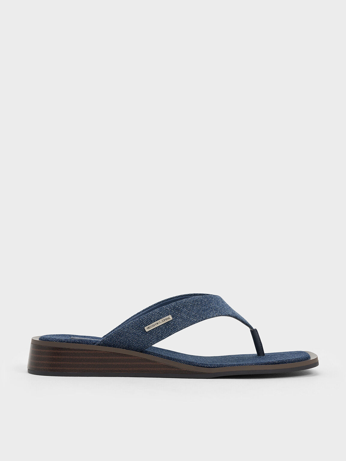Charles Keith Denim V Strap Wedge Thong Sandals Blue US 5