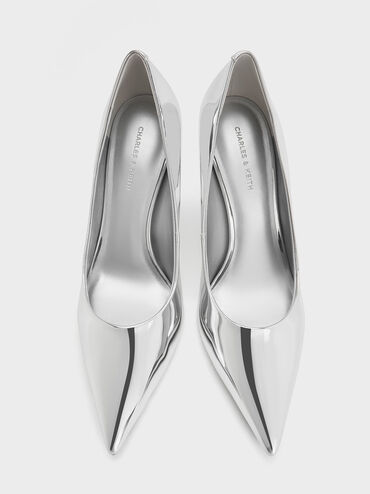 Tacones metálicos con tacón de cono, Plateado, hi-res