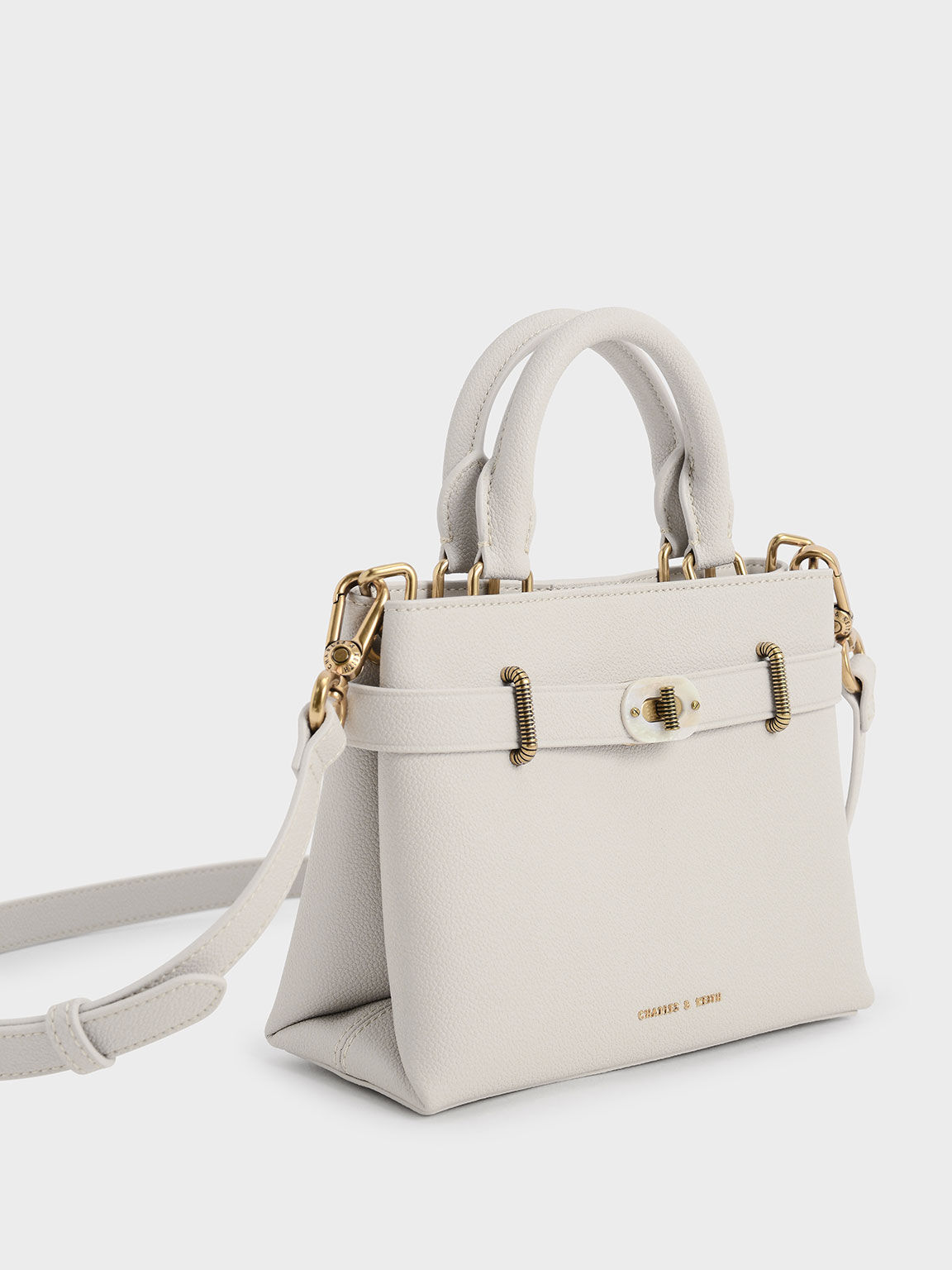 Light Grey Double Handle Turn-Lock Structured Bag - CHARLES & KEITH KR