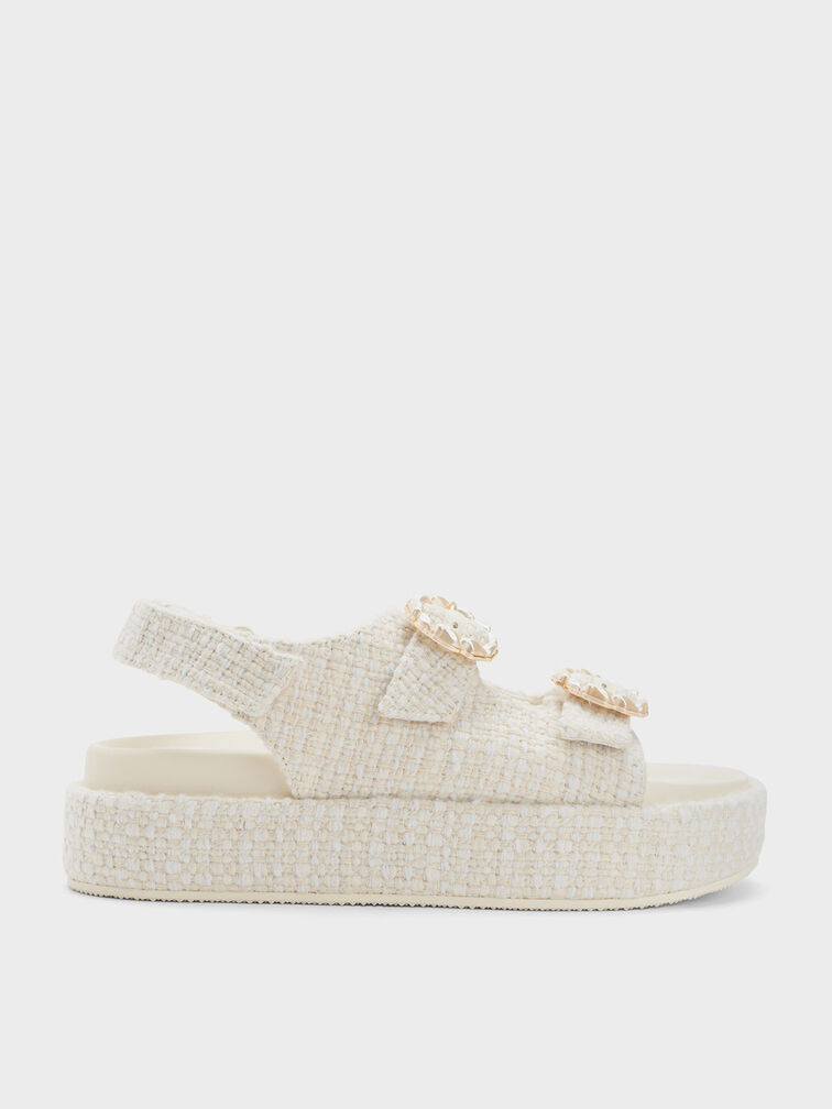 Tweed Pearl-Buckle Double Strap Sandals, Chalk, hi-res