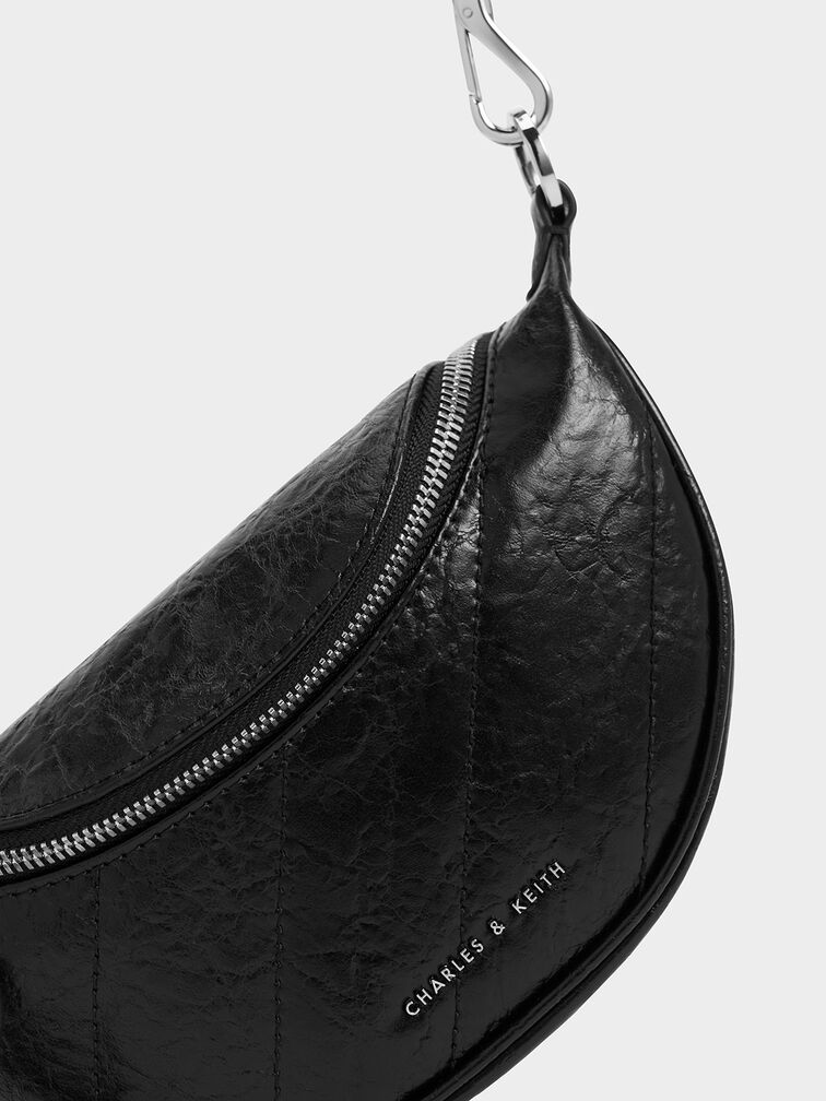 Bolso cruzado Philomena media luna con efecto arrugado, Noir, hi-res