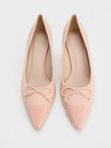 Bow Pointed Cap-Toe Pumps, Pink, hi-res