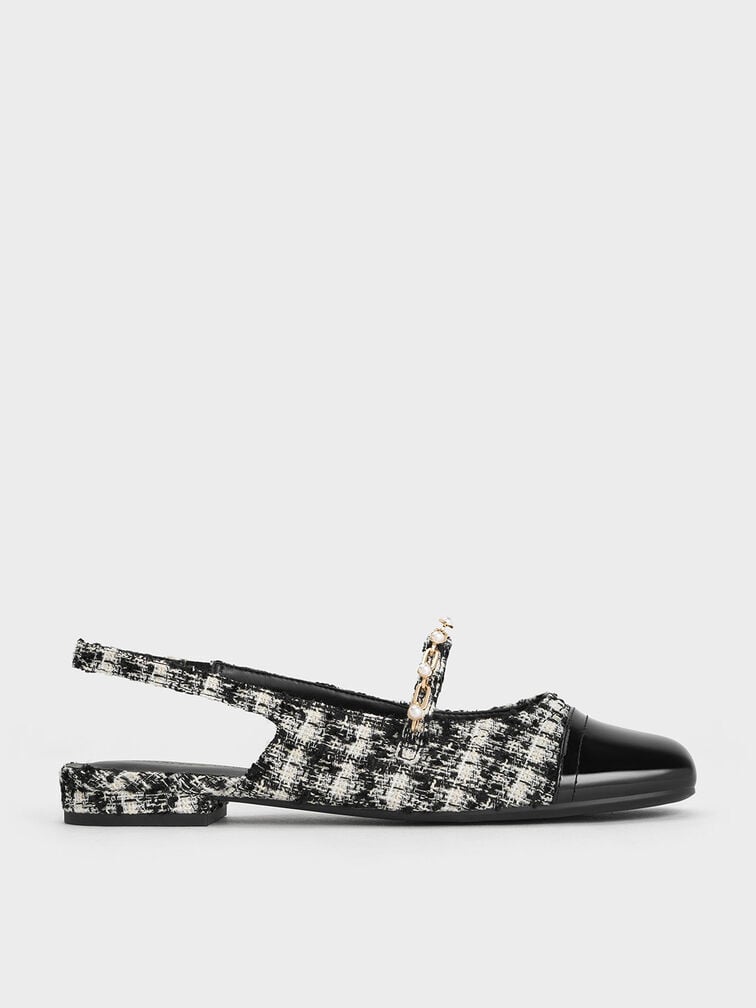 Zapatos planos destalonados de tweed con detalle de cadena y cuentas, Negro texturizado, hi-res