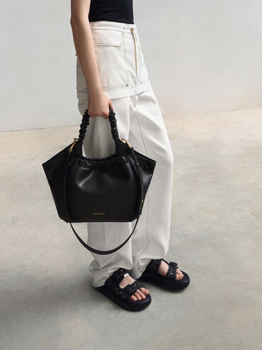 Eve Ruched-Handle Tote Bag, Black, hi-res