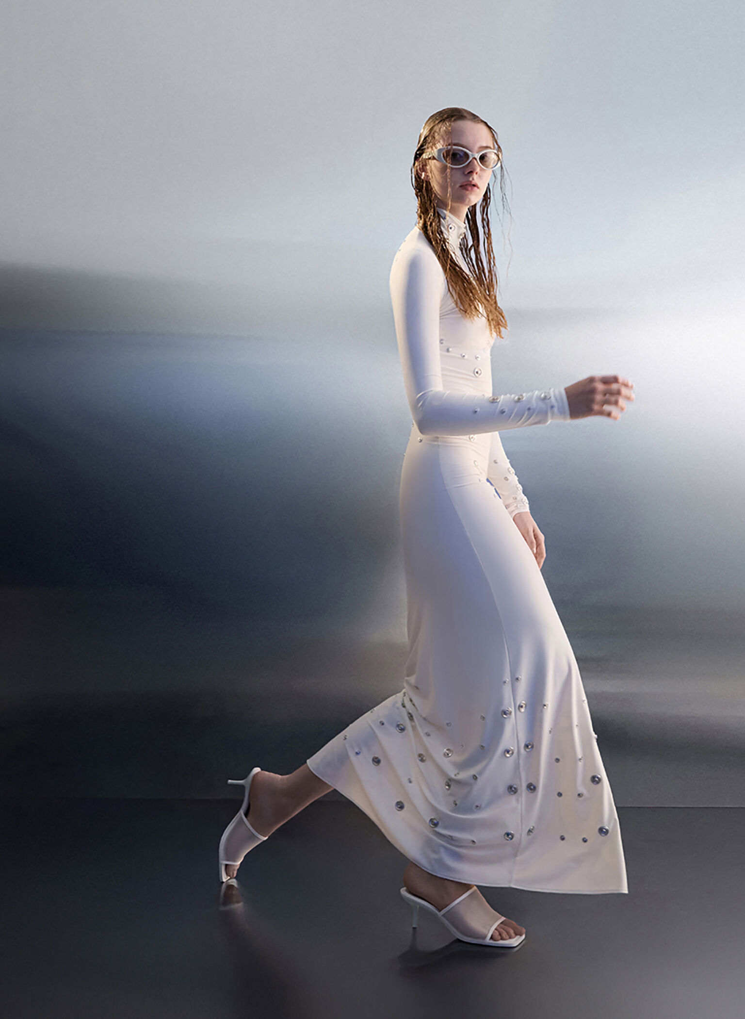Mules de malla Loren con tacón bajo, Blanco, hi-res